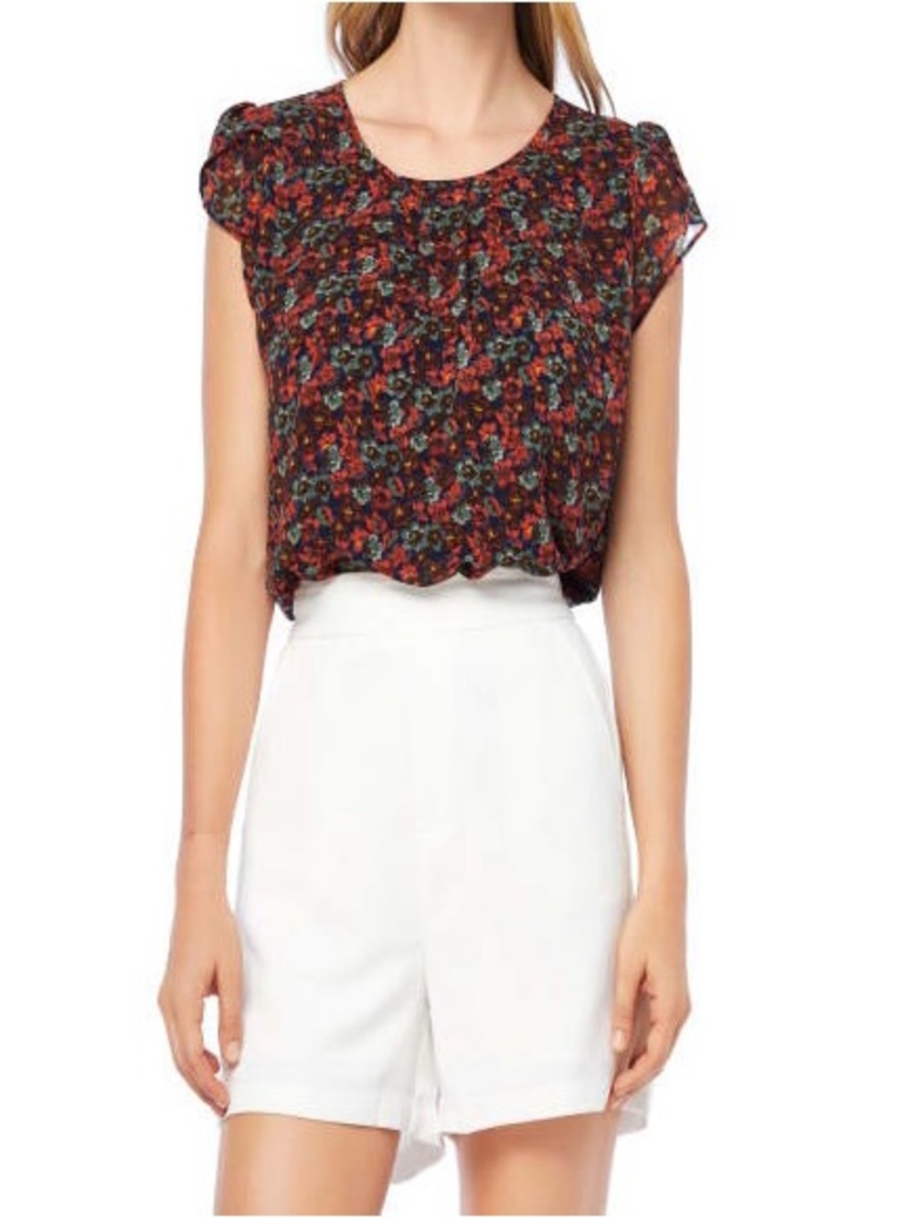 APRICOT Dark Floral Cap-Sleeve Blouse